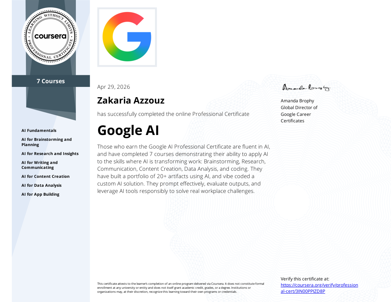 Certificat professionnel Google AI de Zack